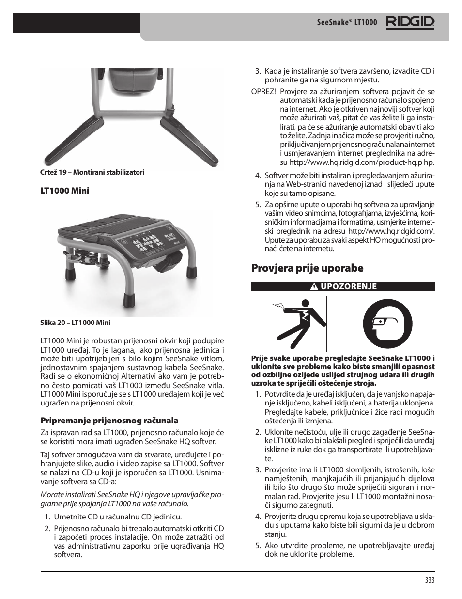 Provjera prije uporabe | RIDGID SeeSnake LT1000 User Manual | Page 335 / 422