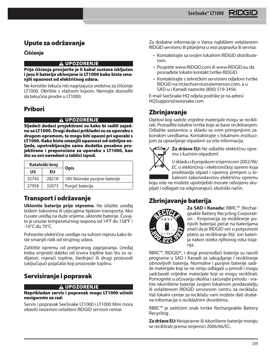 Upute za održavanje, Pribori, Transport i održavanje | Servisiranje i popravak, Zbrinjavanje, Zbrinjavanje baterija | RIDGID SeeSnake LT1000 User Manual | Page 341 / 422