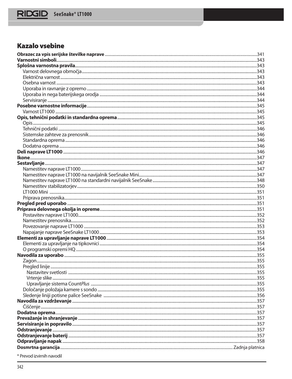 Kazalo vsebine | RIDGID SeeSnake LT1000 User Manual | Page 344 / 422