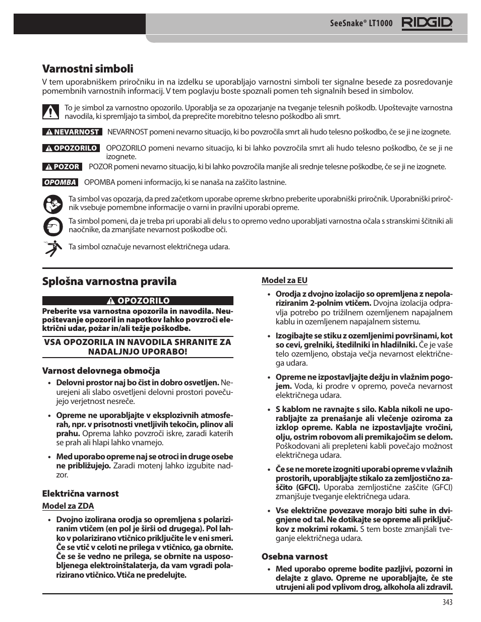 Varnostni simboli, Splošna varnostna pravila | RIDGID SeeSnake LT1000 User Manual | Page 345 / 422