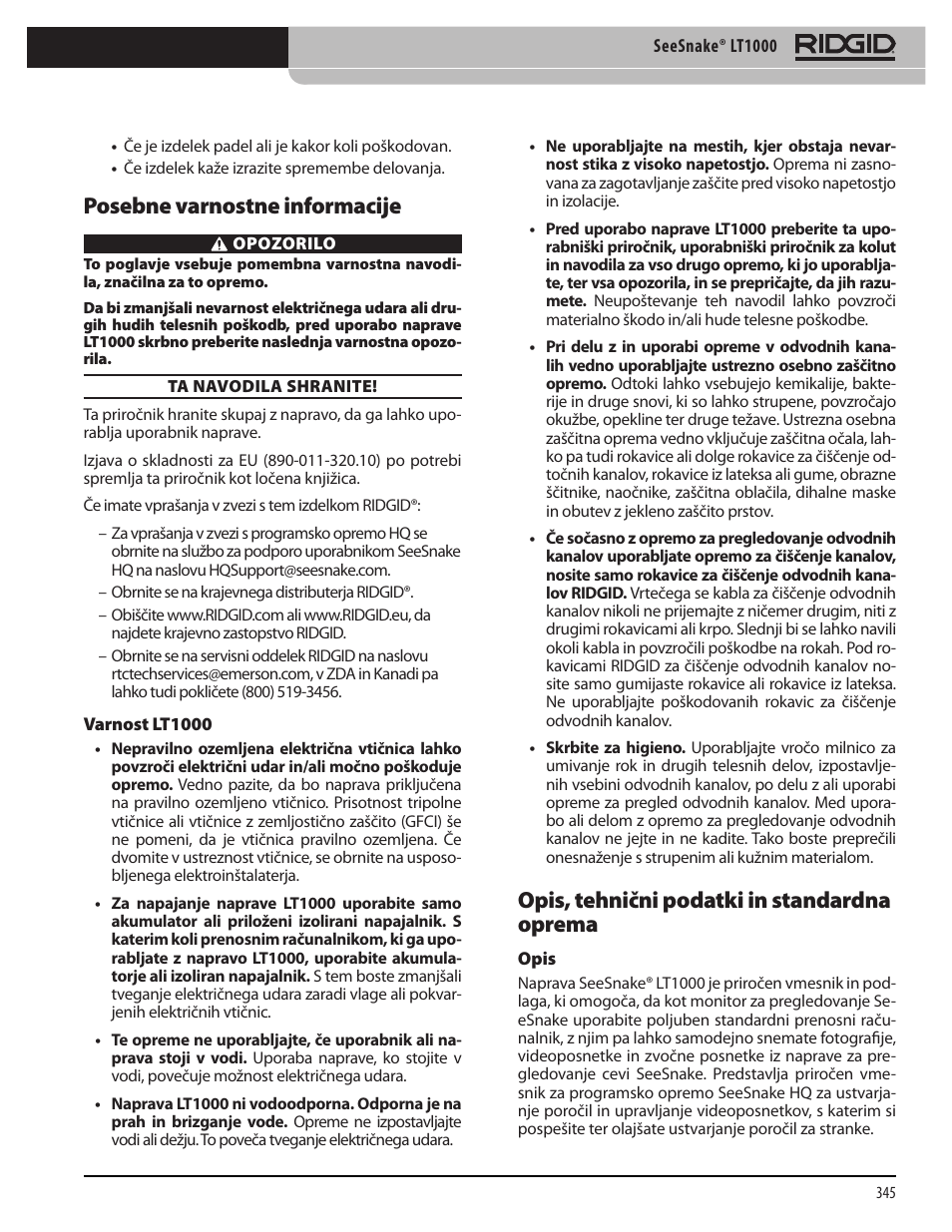 Posebne varnostne informacije, Opis, tehnični podatki in standardna oprema | RIDGID SeeSnake LT1000 User Manual | Page 347 / 422