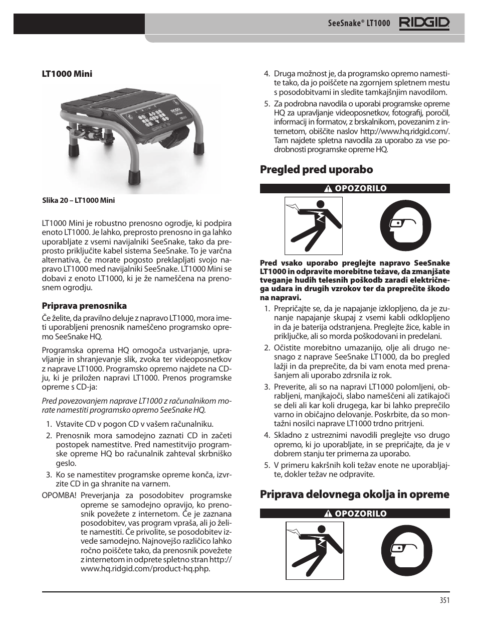 Pregled pred uporabo, Priprava delovnega okolja in opreme | RIDGID SeeSnake LT1000 User Manual | Page 353 / 422