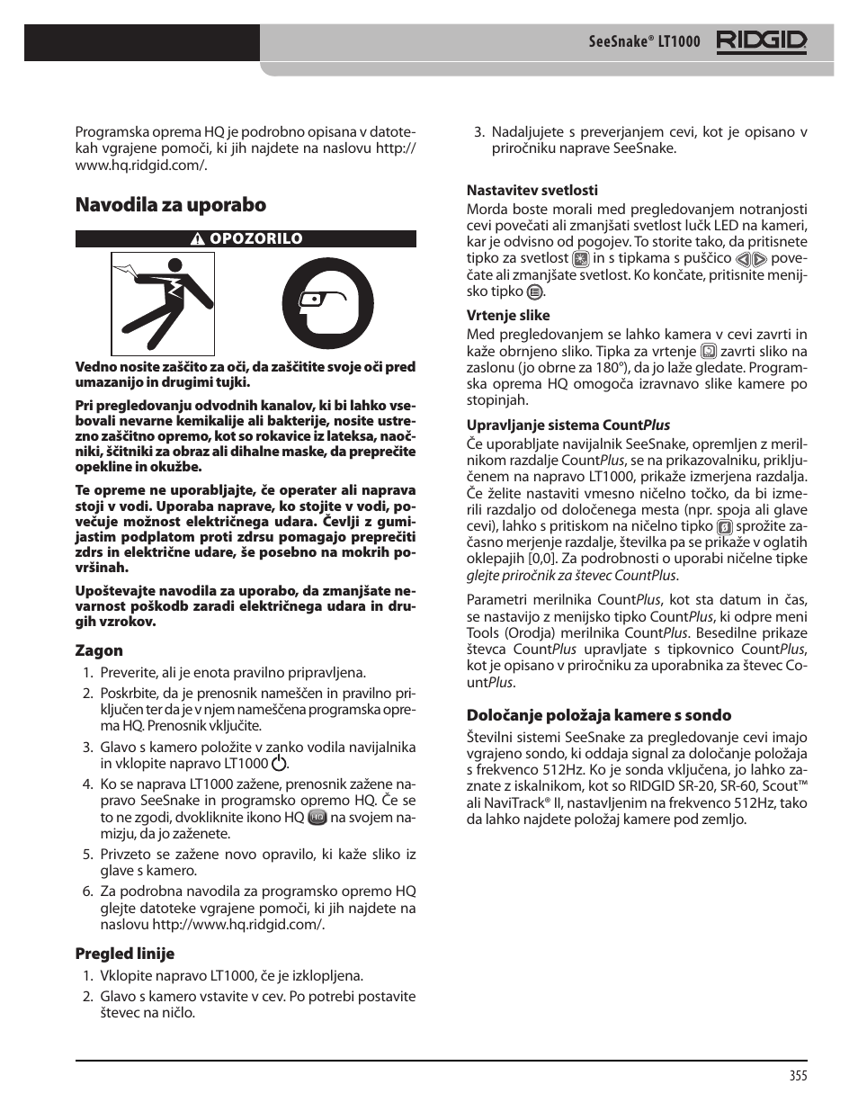 Navodila za uporabo | RIDGID SeeSnake LT1000 User Manual | Page 357 / 422