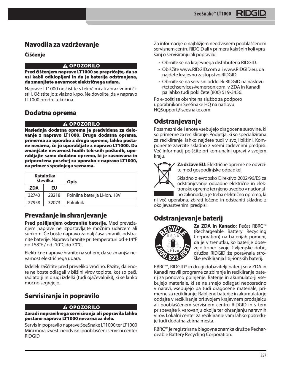 Navodila za vzdrževanje, Dodatna oprema, Prevažanje in shranjevanje | Servisiranje in popravilo, Odstranjevanje, Odstranjevanje baterij | RIDGID SeeSnake LT1000 User Manual | Page 359 / 422