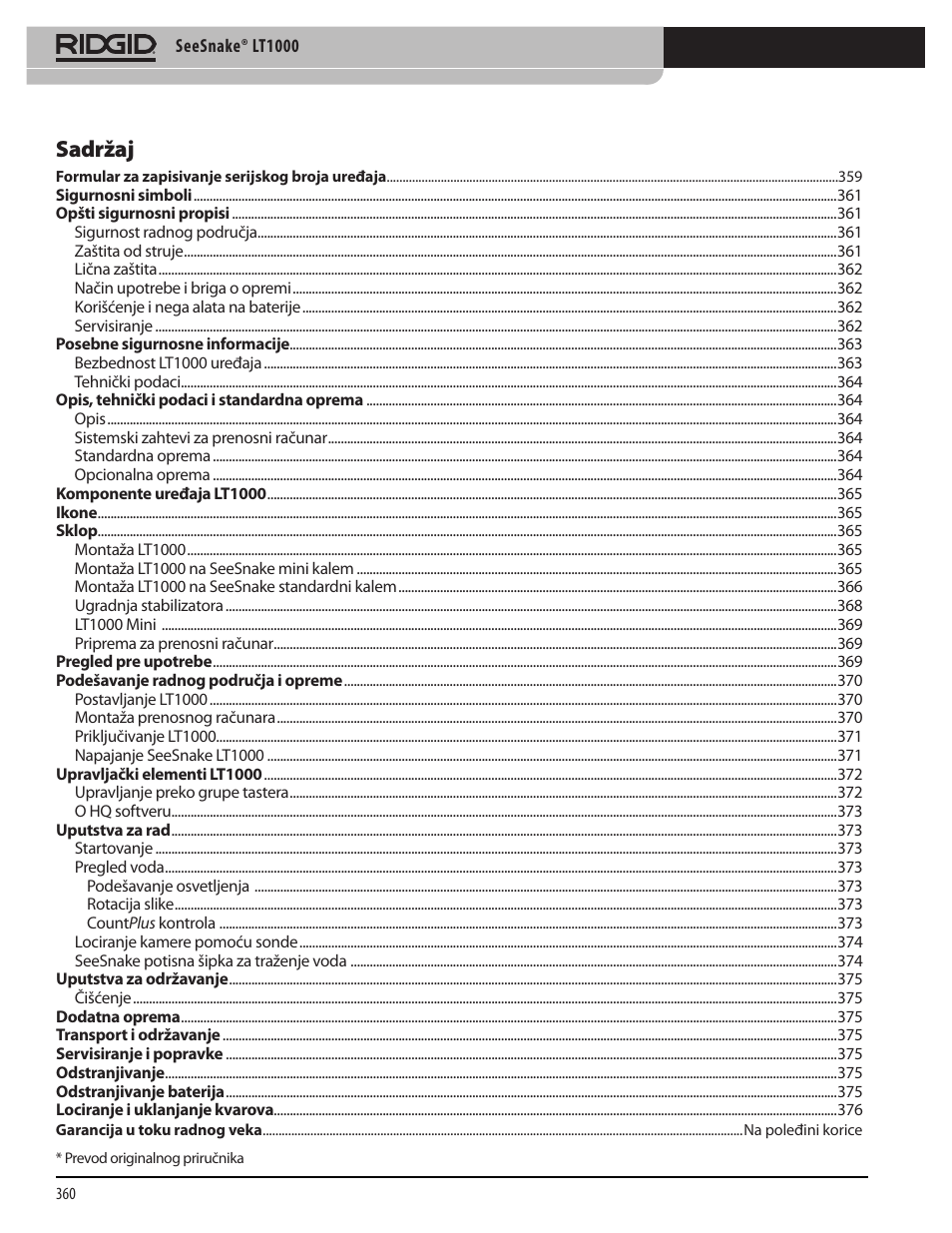 Sadržaj | RIDGID SeeSnake LT1000 User Manual | Page 362 / 422