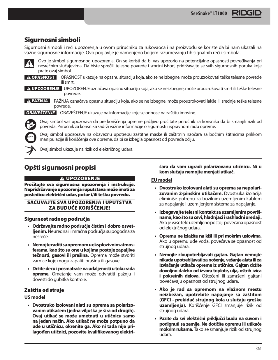 Sigurnosni simboli, Opšti sigurnosni propisi | RIDGID SeeSnake LT1000 User Manual | Page 363 / 422