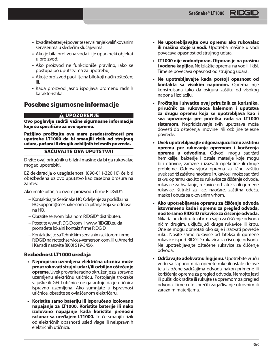 Posebne sigurnosne informacije | RIDGID SeeSnake LT1000 User Manual | Page 365 / 422