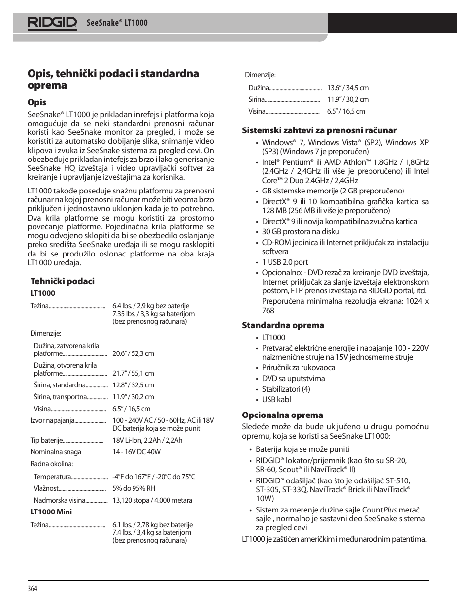 Opis, tehnički podaci i standardna oprema | RIDGID SeeSnake LT1000 User Manual | Page 366 / 422