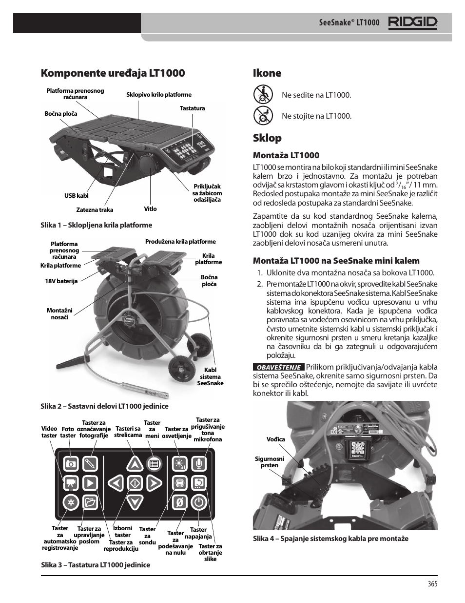 Komponente uređaja lt1000, Ikone sklop, Seesnake® lt1000 | Montaža lt1000, Montaža lt1000 na seesnake mini kalem | RIDGID SeeSnake LT1000 User Manual | Page 367 / 422