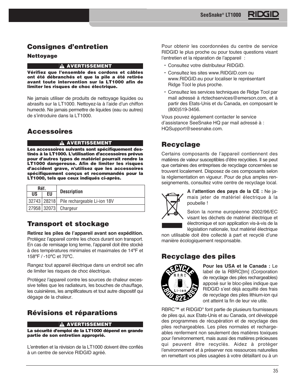 Consignes d’entretien, Accessoires, Transport et stockage | Révisions et réparations, Recyclage, Recyclage des piles | RIDGID SeeSnake LT1000 User Manual | Page 37 / 422