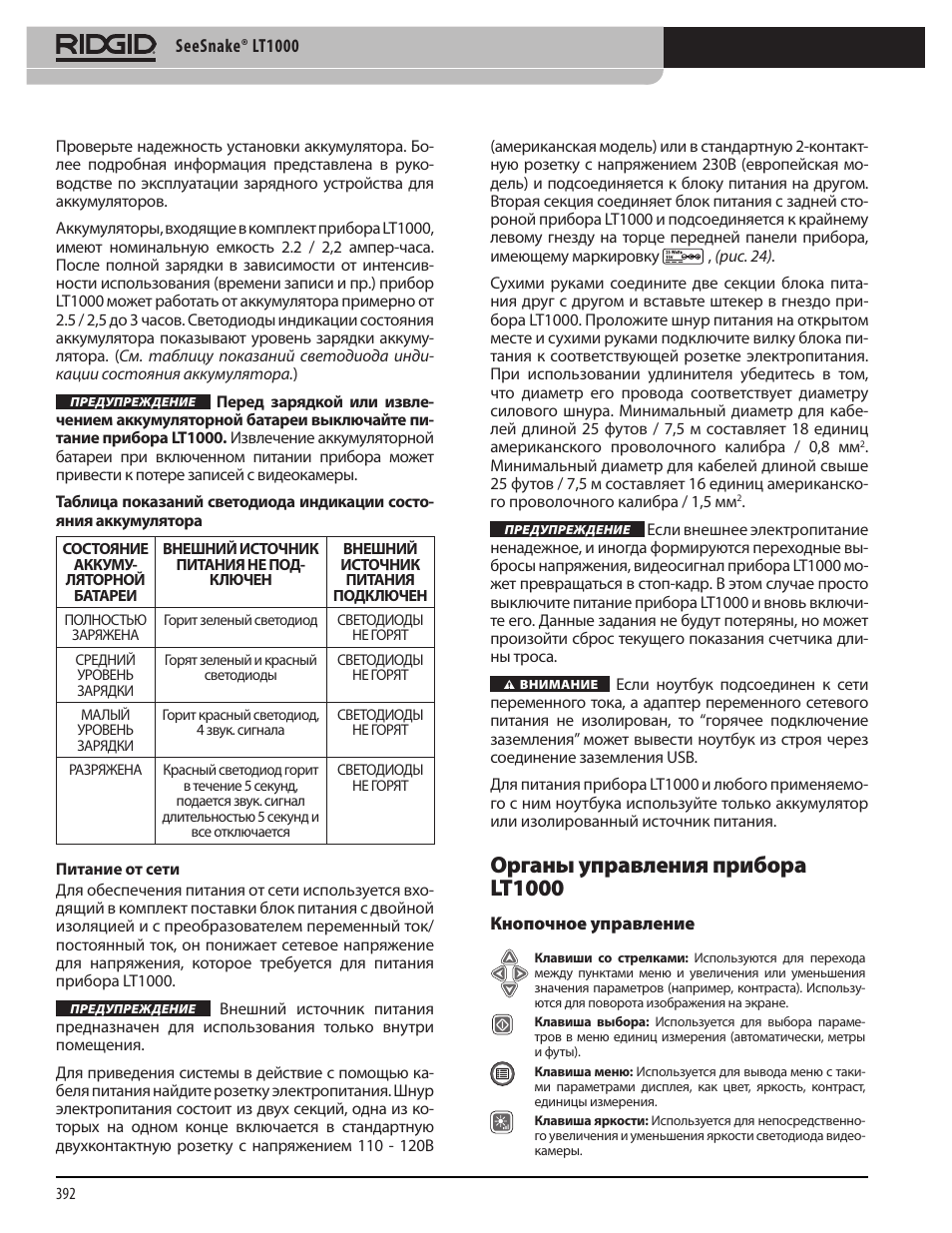 Органы управления прибора lt1000 | RIDGID SeeSnake LT1000 User Manual | Page 394 / 422