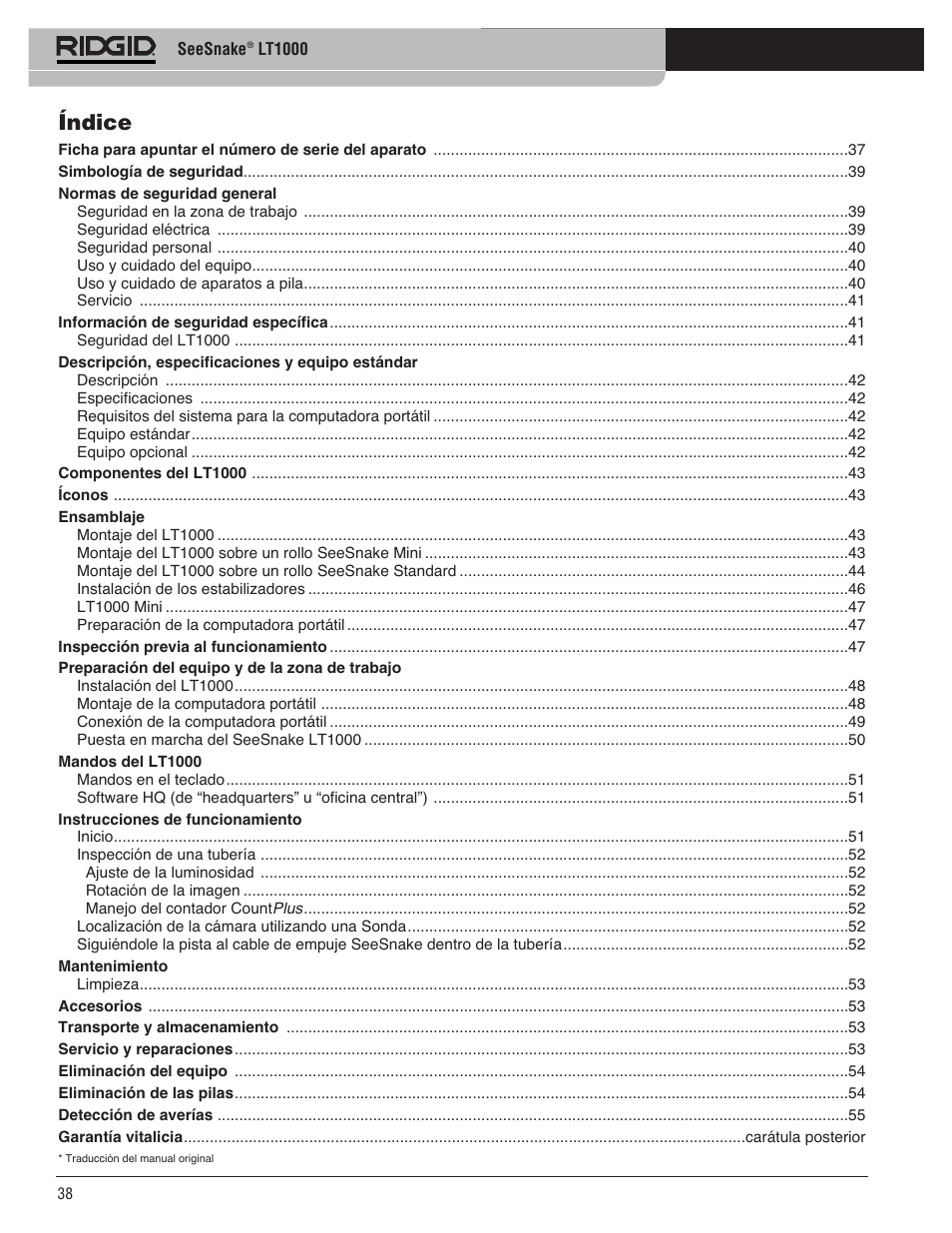 Índice | RIDGID SeeSnake LT1000 User Manual | Page 40 / 422