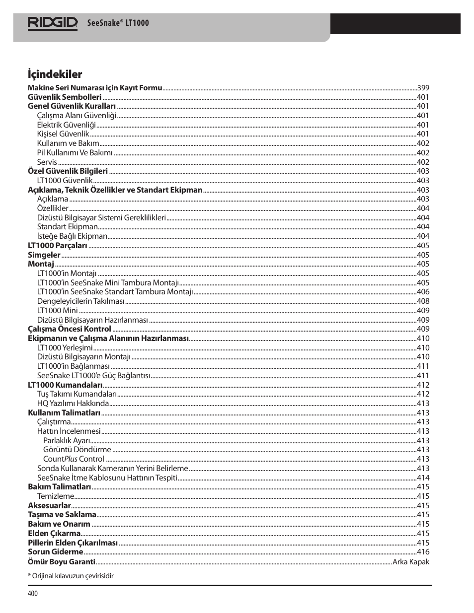 Içindekiler | RIDGID SeeSnake LT1000 User Manual | Page 402 / 422