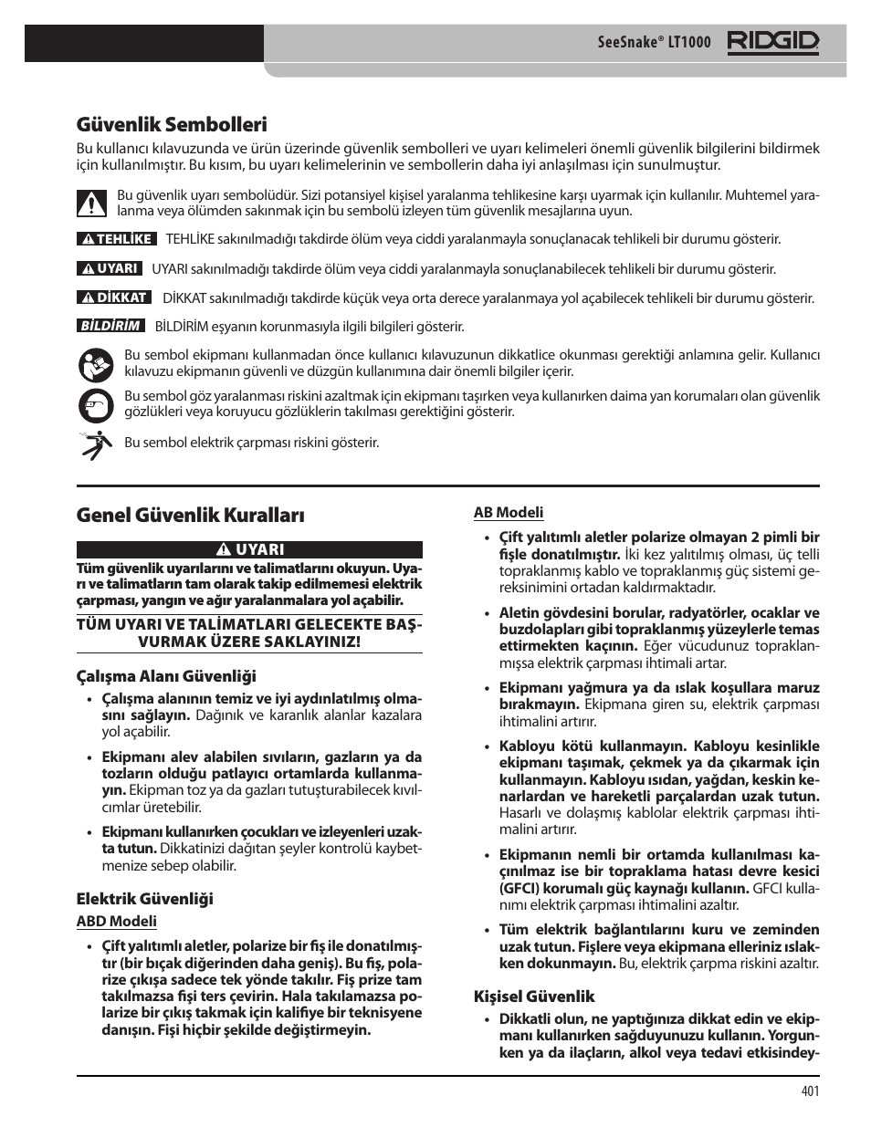 Güvenlik sembolleri, Genel güvenlik kuralları | RIDGID SeeSnake LT1000 User Manual | Page 403 / 422