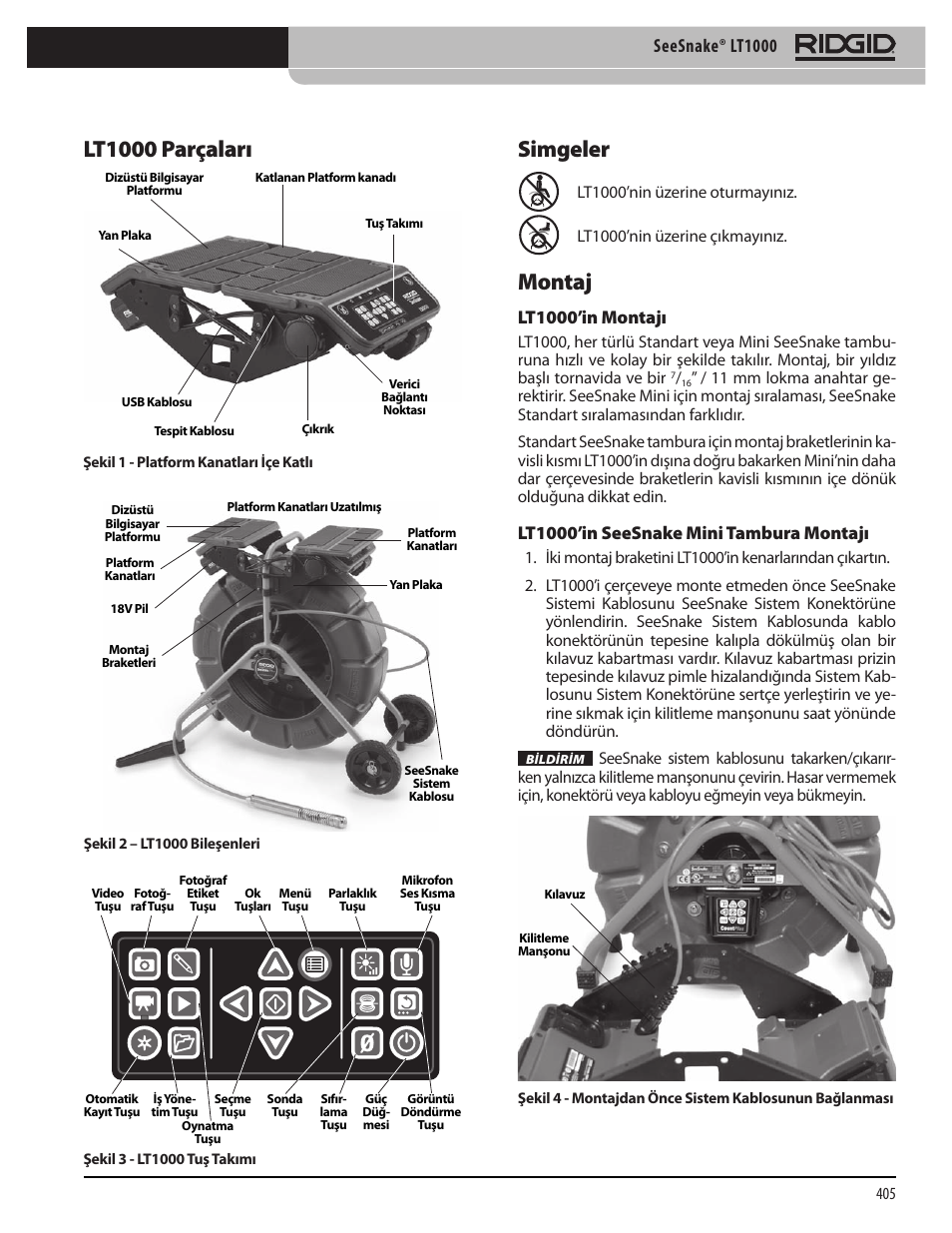 Lt1000 parçaları simgeler montaj, Seesnake® lt1000, Lt1000’in montajı | Lt1000’in seesnake mini tambura montajı | RIDGID SeeSnake LT1000 User Manual | Page 407 / 422
