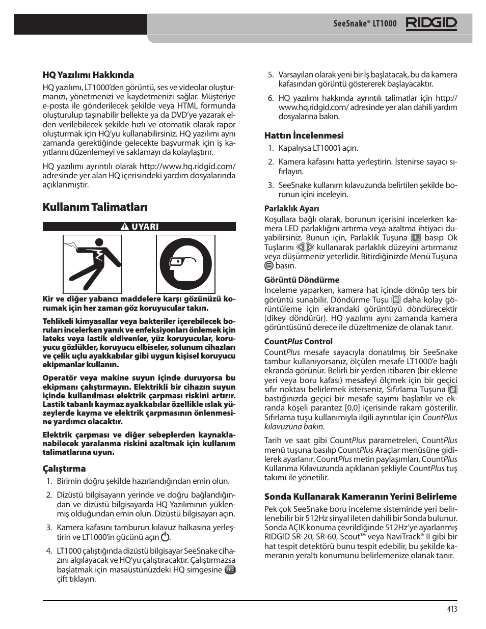 Kullanım talimatları | RIDGID SeeSnake LT1000 User Manual | Page 415 / 422