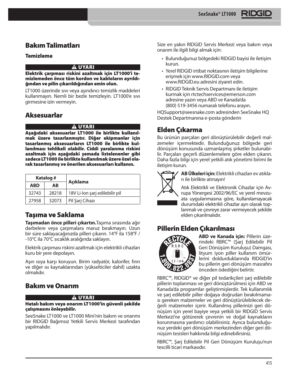 Bakım talimatları, Aksesuarlar, Taşıma ve saklama | Bakım ve onarım, Elden çıkarma, Pillerin elden çıkarılması | RIDGID SeeSnake LT1000 User Manual | Page 417 / 422