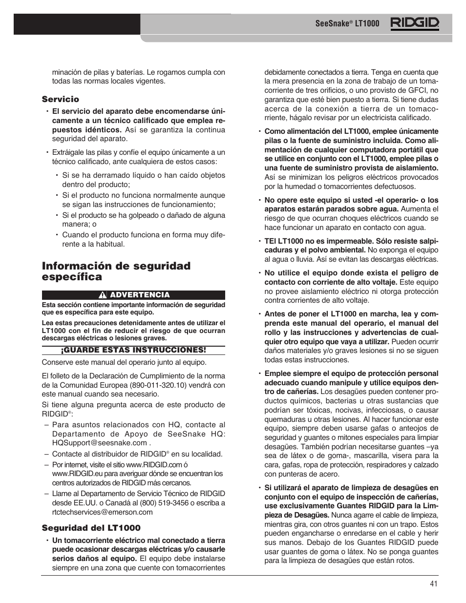 Información de seguridad específica | RIDGID SeeSnake LT1000 User Manual | Page 43 / 422