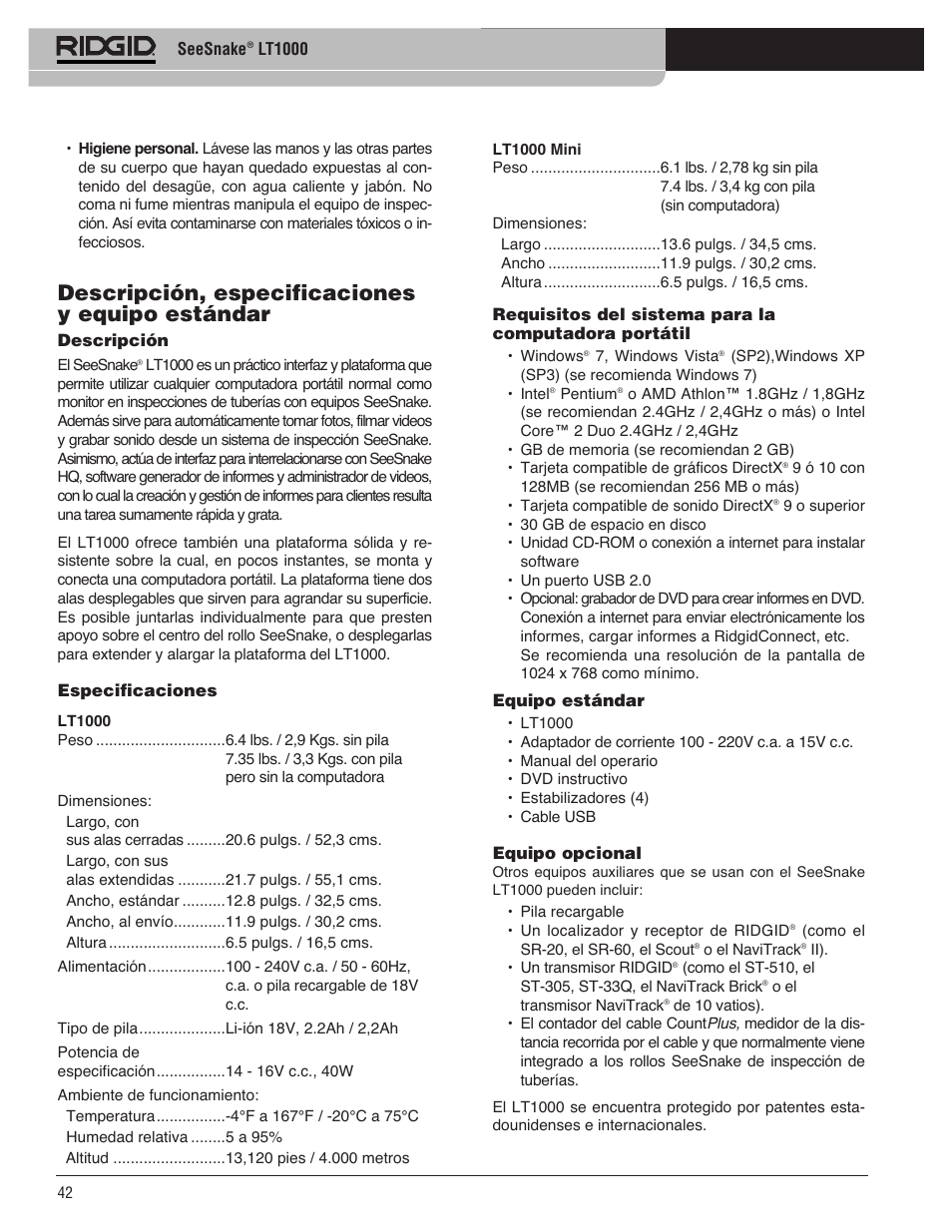 Descripción, especificaciones y equipo estándar | RIDGID SeeSnake LT1000 User Manual | Page 44 / 422