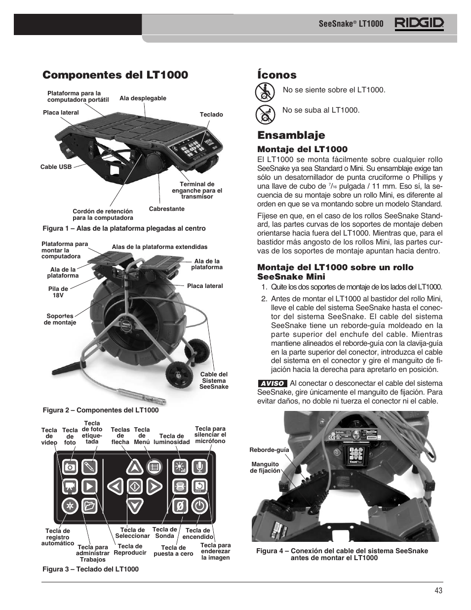 Ensamblaje, Íconos, Componentes del lt1000 | Seesnake, Lt1000, Montaje del lt1000, Montaje del lt1000 sobre un rollo seesnake mini | RIDGID SeeSnake LT1000 User Manual | Page 45 / 422