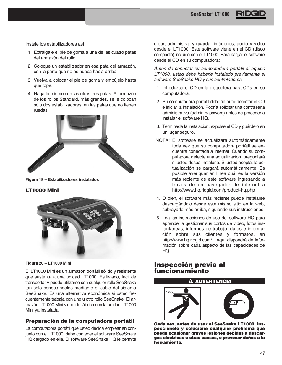 Inspección previa al funcionamiento | RIDGID SeeSnake LT1000 User Manual | Page 49 / 422