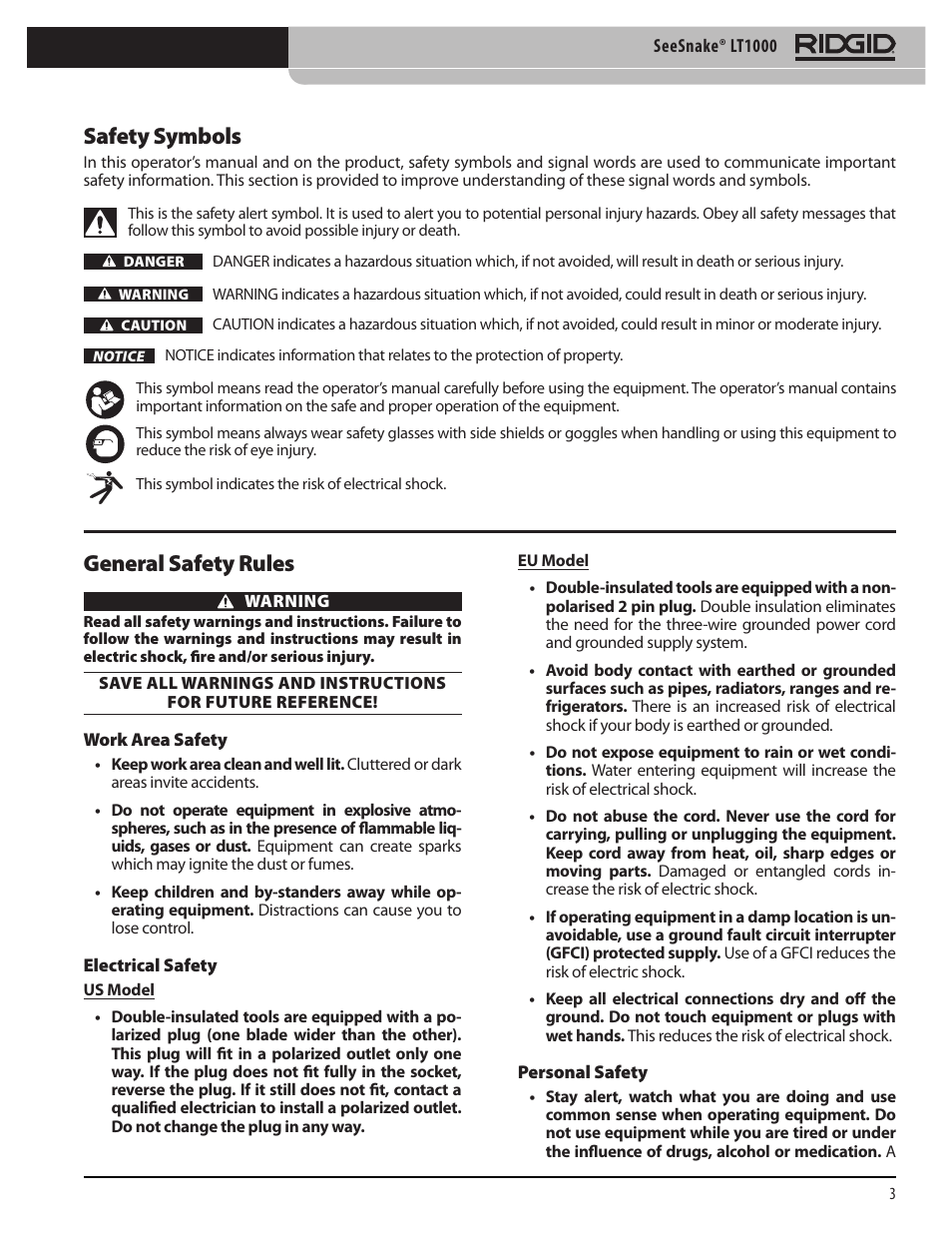 Safety symbols, General safety rules | RIDGID SeeSnake LT1000 User Manual | Page 5 / 422