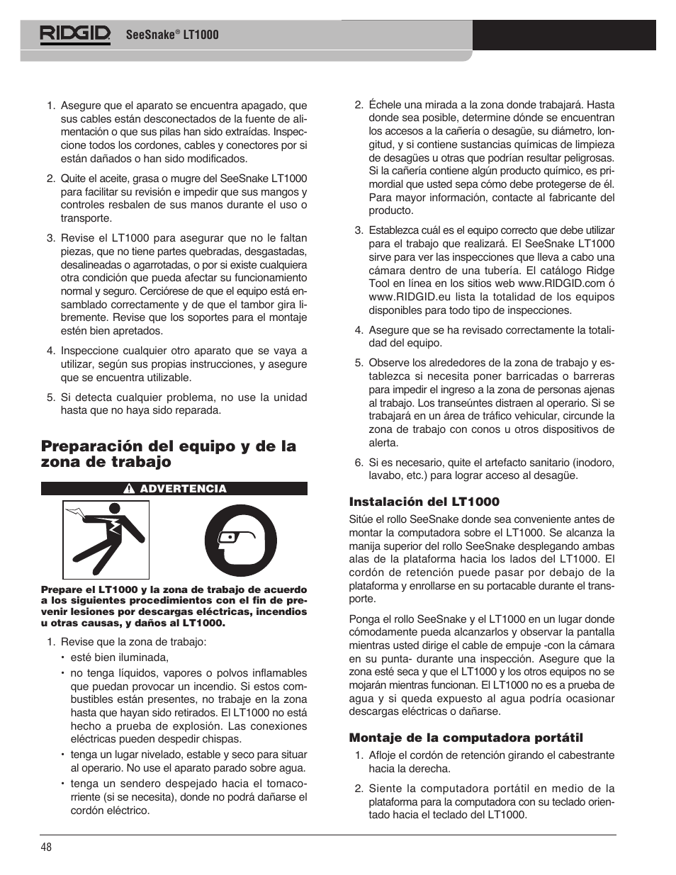 Preparación del equipo y de la zona de trabajo | RIDGID SeeSnake LT1000 User Manual | Page 50 / 422