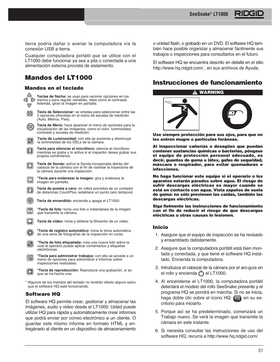 Mandos del lt1000, Instrucciones de funcionamiento | RIDGID SeeSnake LT1000 User Manual | Page 53 / 422