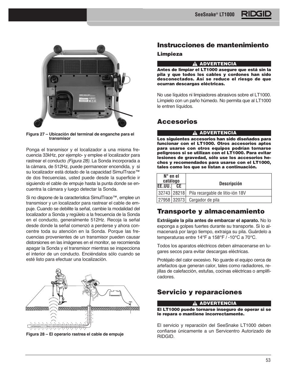 Instrucciones de mantenimiento, Accesorios, Transporte y almacenamiento | Servicio y reparaciones | RIDGID SeeSnake LT1000 User Manual | Page 55 / 422