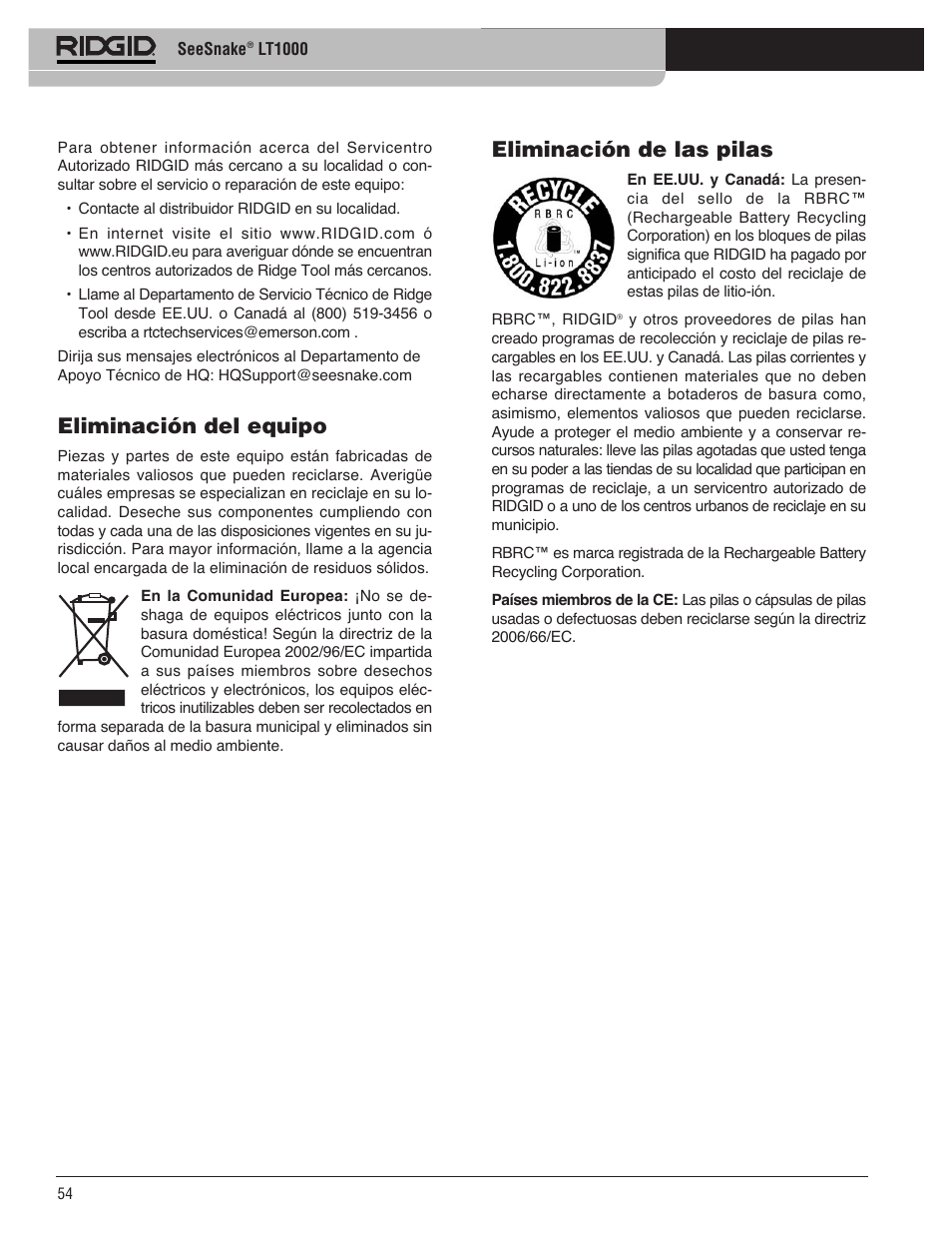 Eliminación del equipo, Eliminación de las pilas | RIDGID SeeSnake LT1000 User Manual | Page 56 / 422