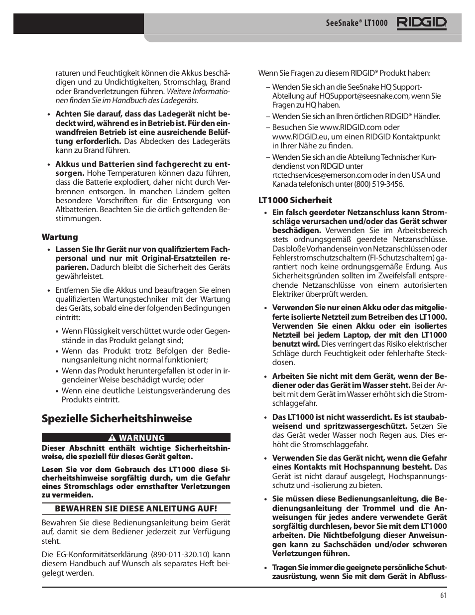 Spezielle sicherheitshinweise | RIDGID SeeSnake LT1000 User Manual | Page 63 / 422
