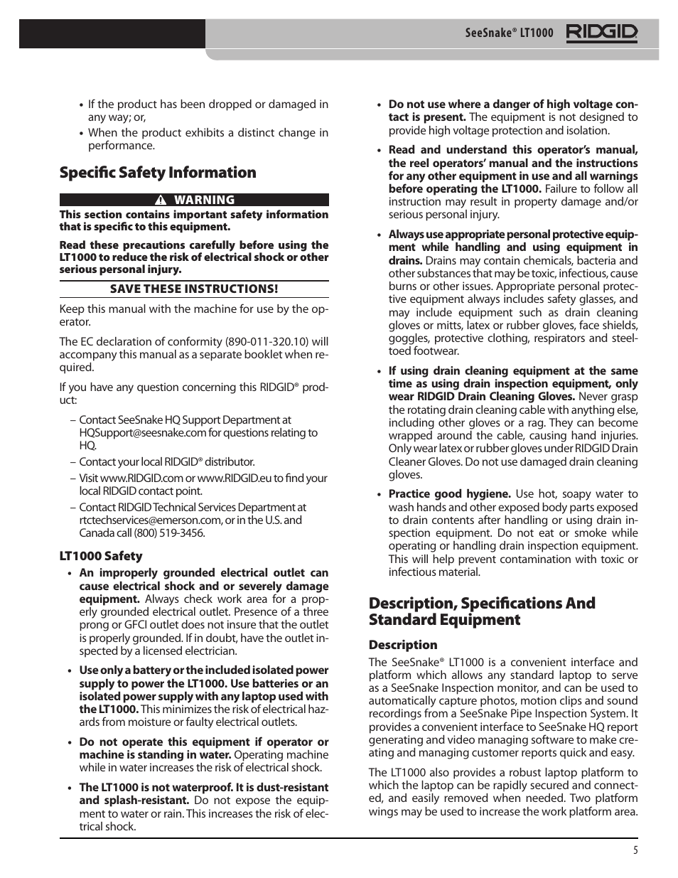 Specific safety information, Description, specifications and standard equipment | RIDGID SeeSnake LT1000 User Manual | Page 7 / 422