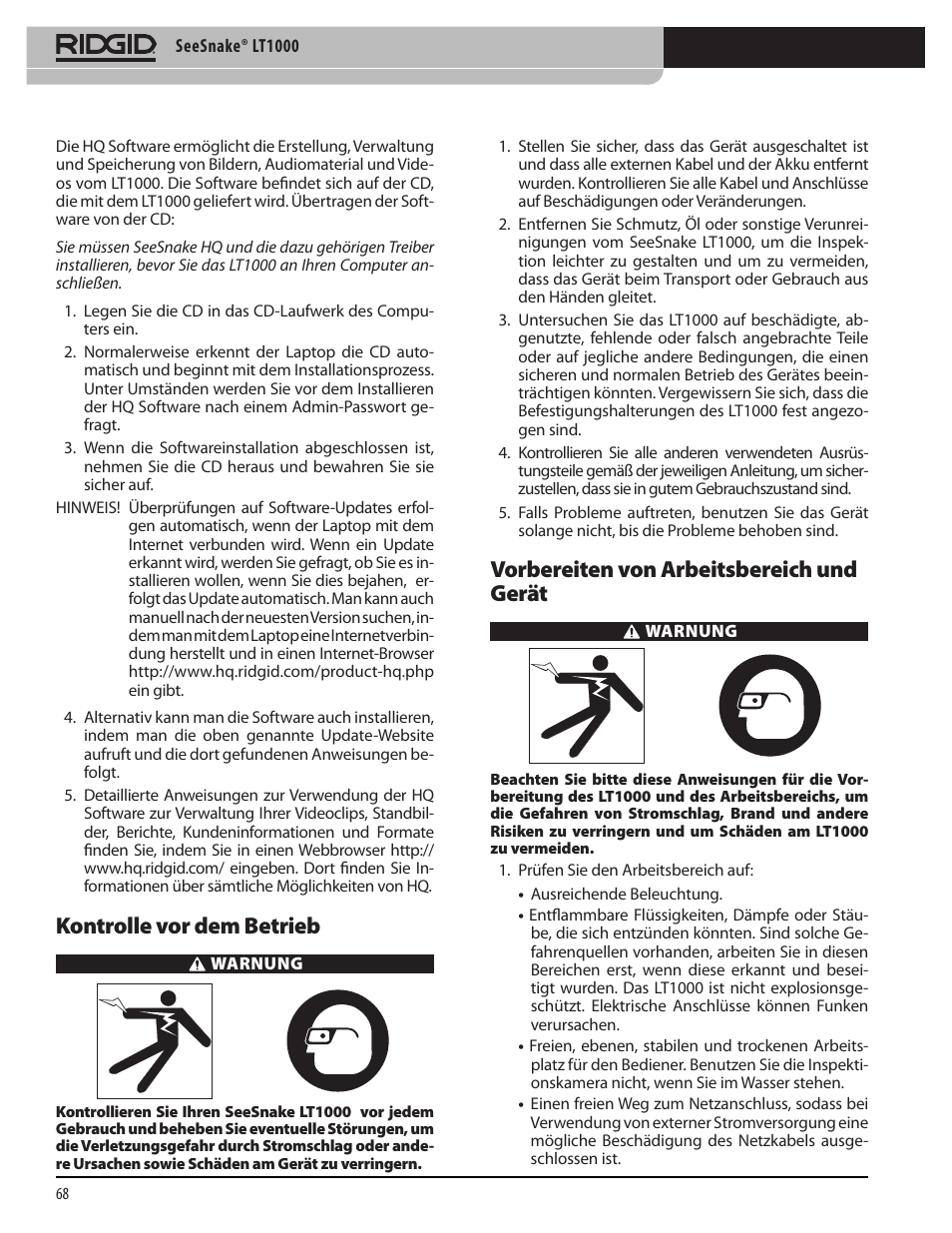 Kontrolle vor dem betrieb, Vorbereiten von arbeitsbereich und gerät | RIDGID SeeSnake LT1000 User Manual | Page 70 / 422