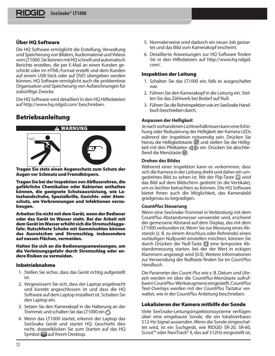 Betriebsanleitung | RIDGID SeeSnake LT1000 User Manual | Page 74 / 422