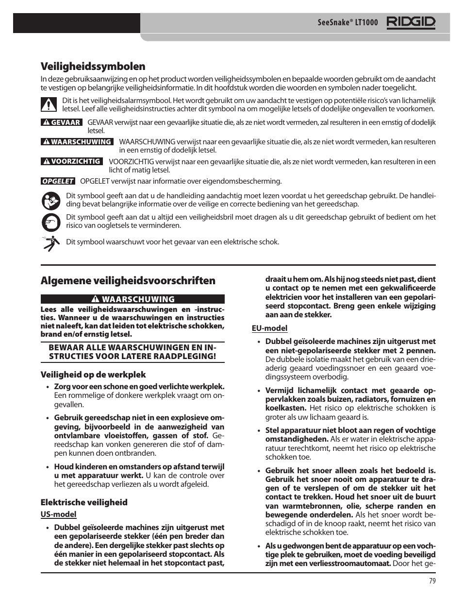 Veiligheidssymbolen, Algemene veiligheidsvoorschriften | RIDGID SeeSnake LT1000 User Manual | Page 81 / 422