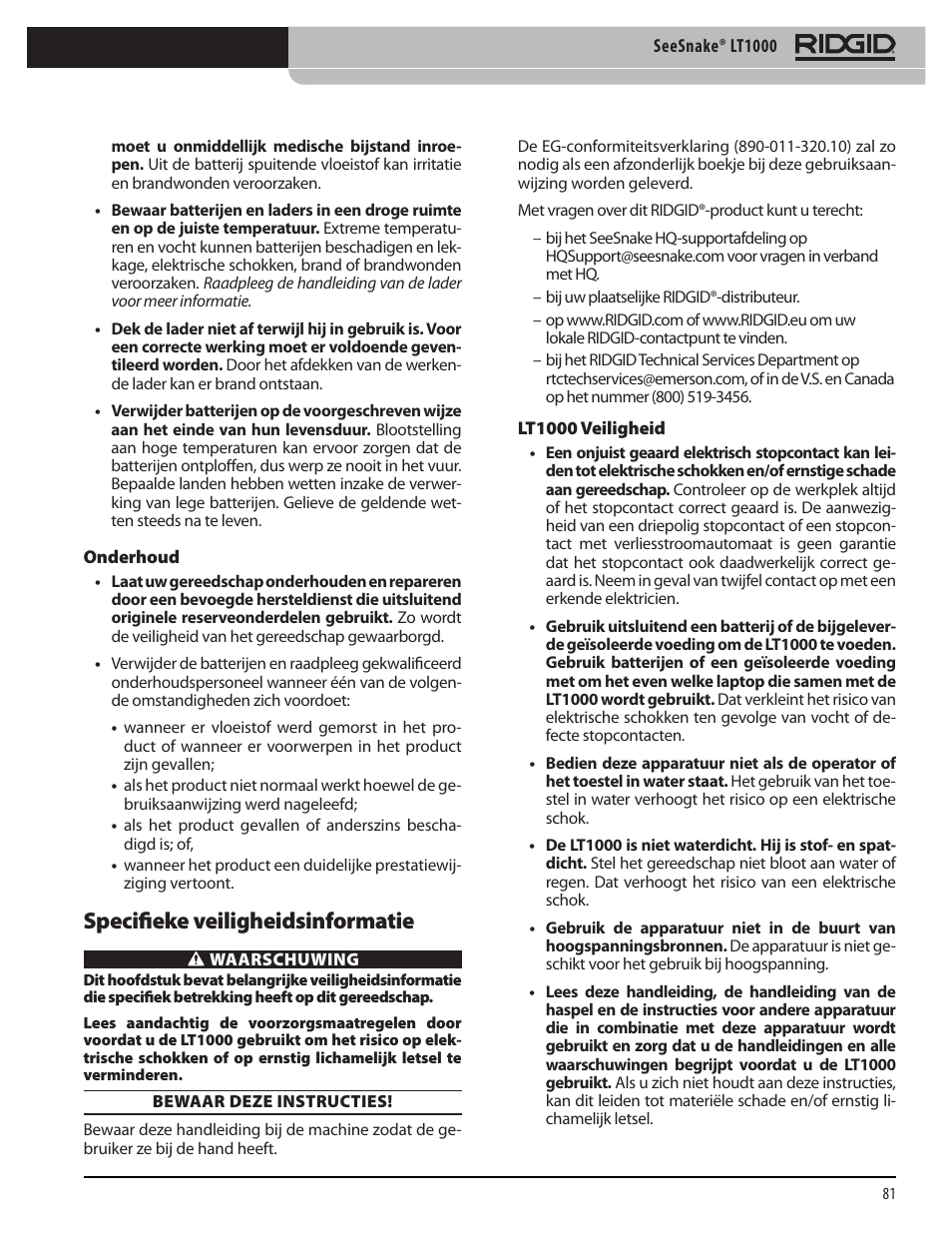 Specifieke veiligheidsinformatie | RIDGID SeeSnake LT1000 User Manual | Page 83 / 422