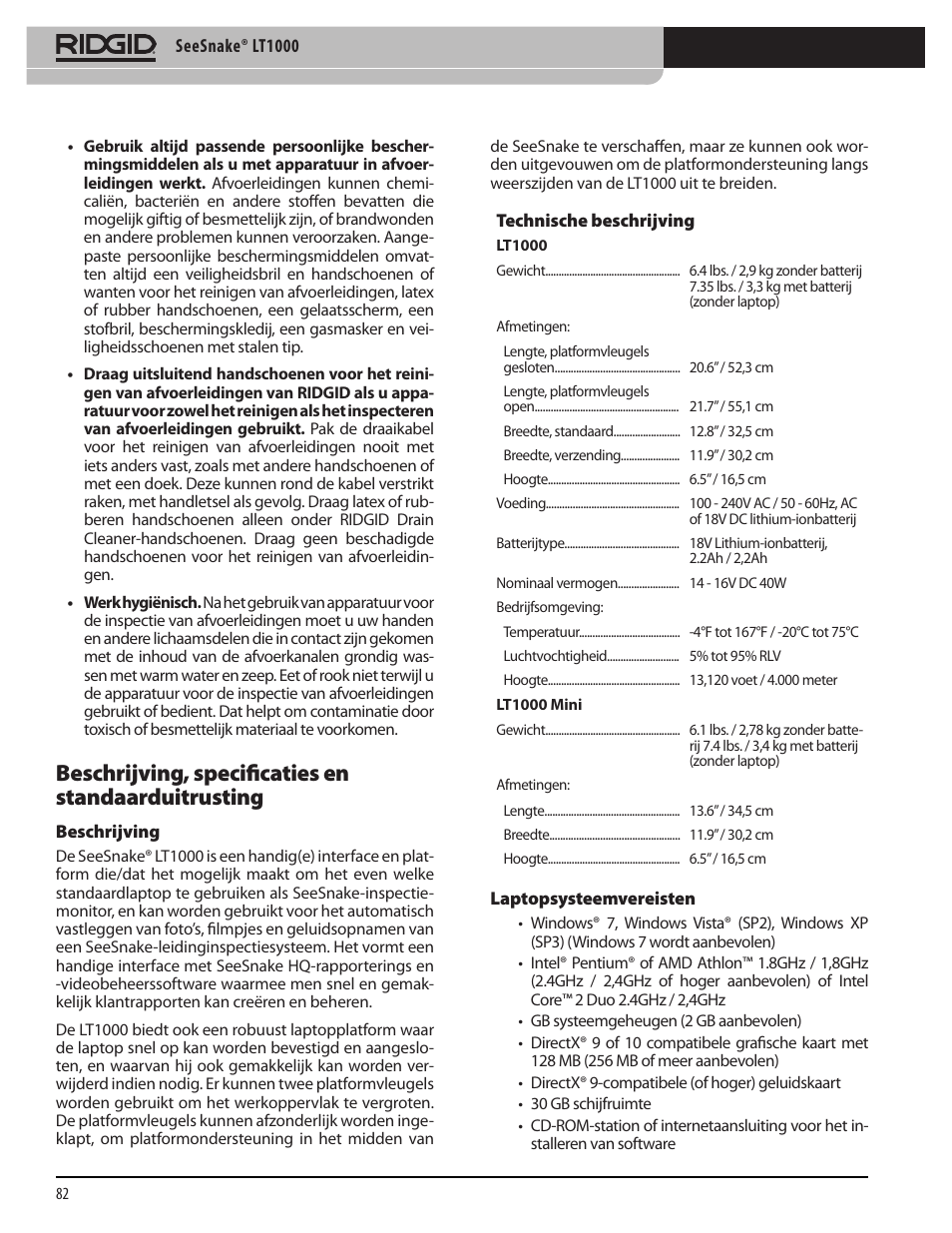 Beschrijving, specificaties en standaarduitrusting | RIDGID SeeSnake LT1000 User Manual | Page 84 / 422