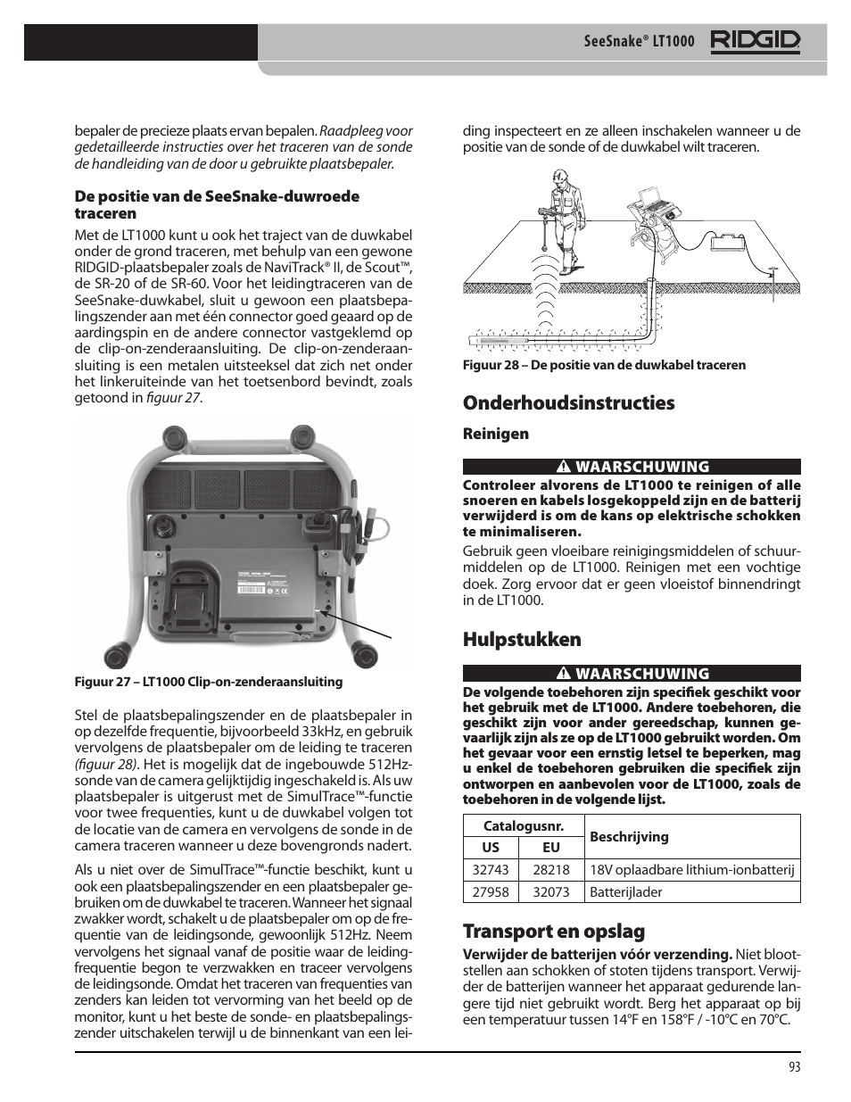 Onderhoudsinstructies, Hulpstukken, Transport en opslag | RIDGID SeeSnake LT1000 User Manual | Page 95 / 422