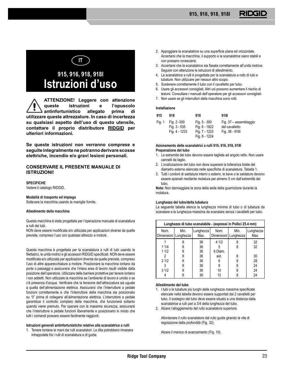 Istruzioni d’uso | RIDGID 918I User Manual | Page 24 / 98