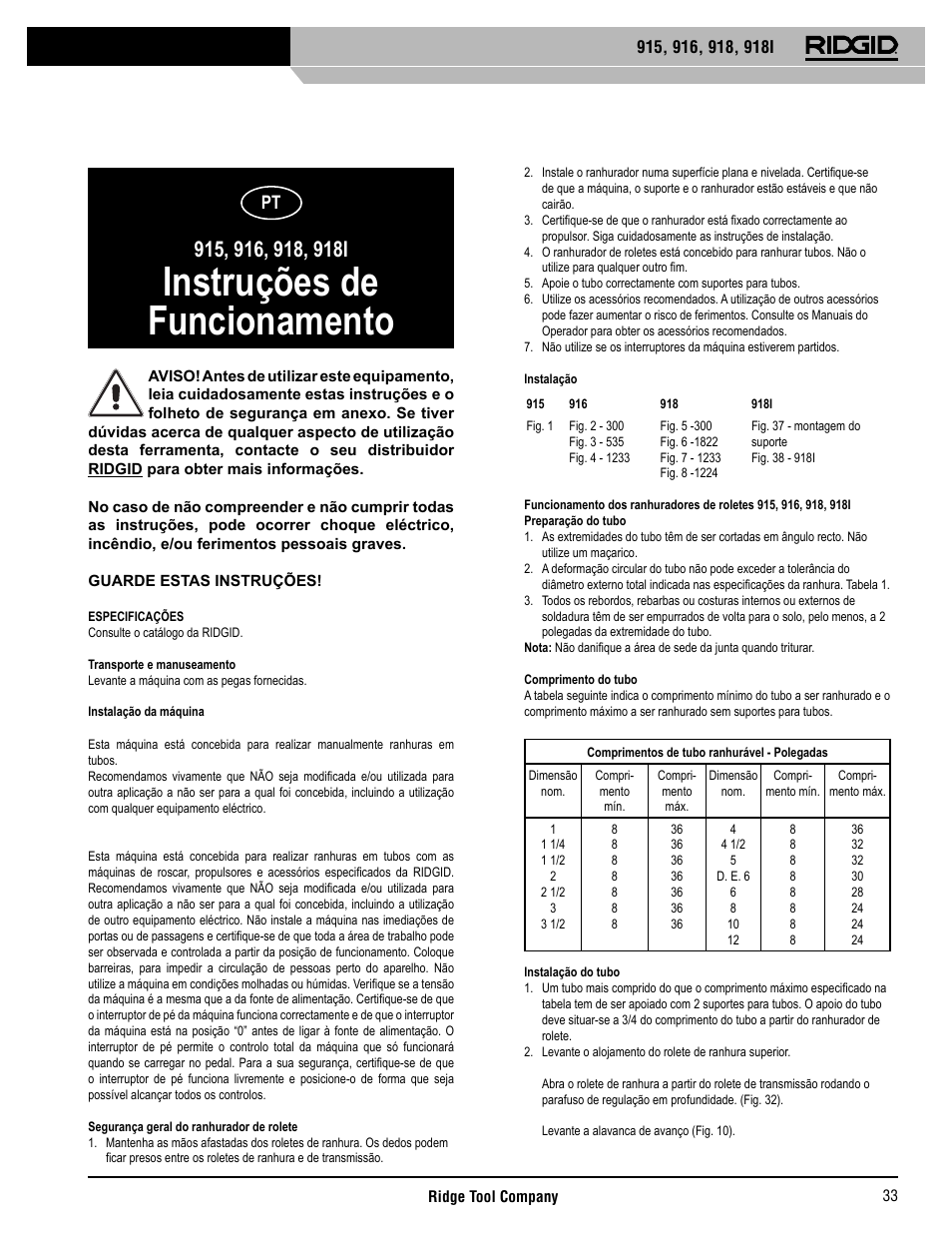 Instruções de funcionamento | RIDGID 918I User Manual | Page 34 / 98