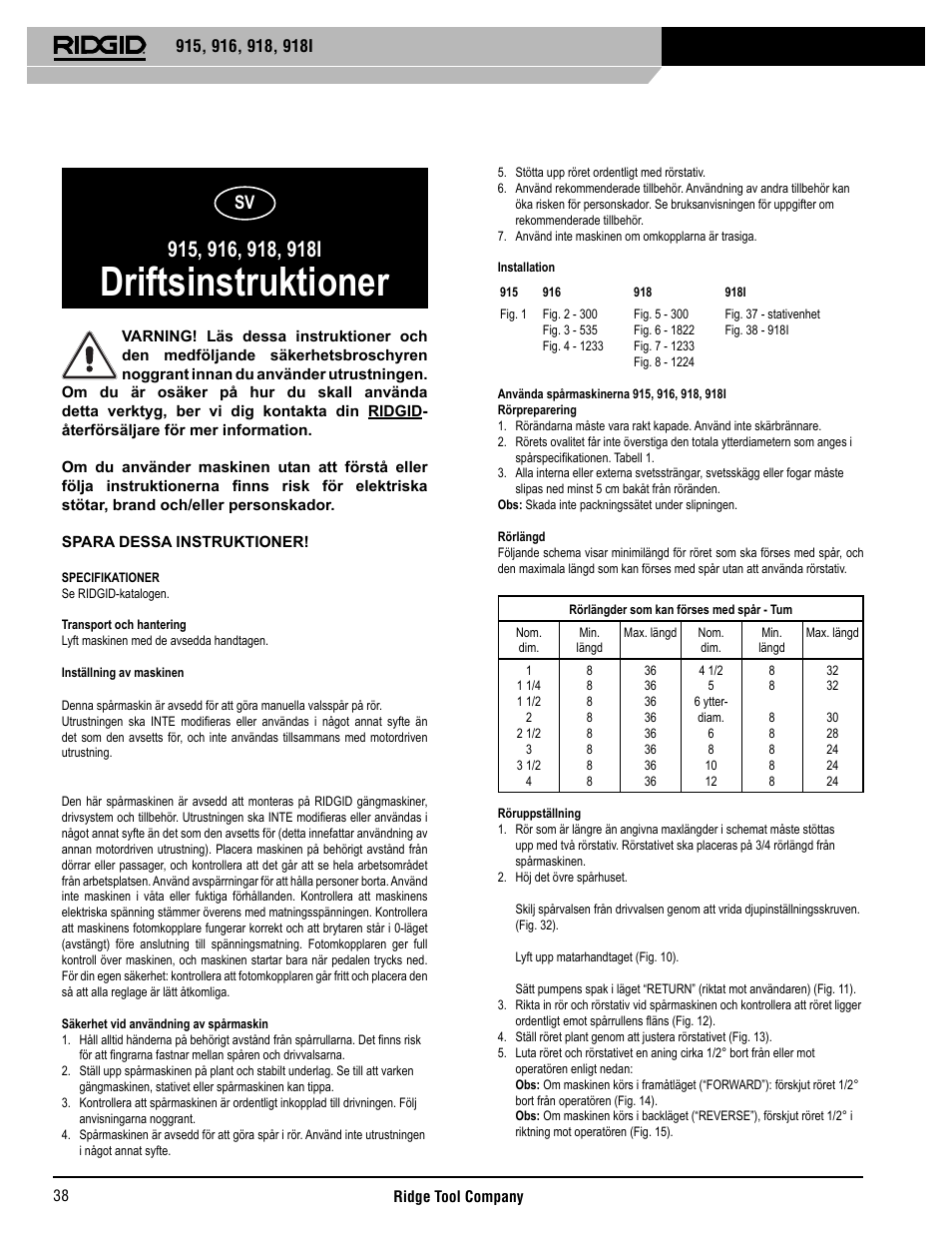 Driftsinstruktioner | RIDGID 918I User Manual | Page 39 / 98