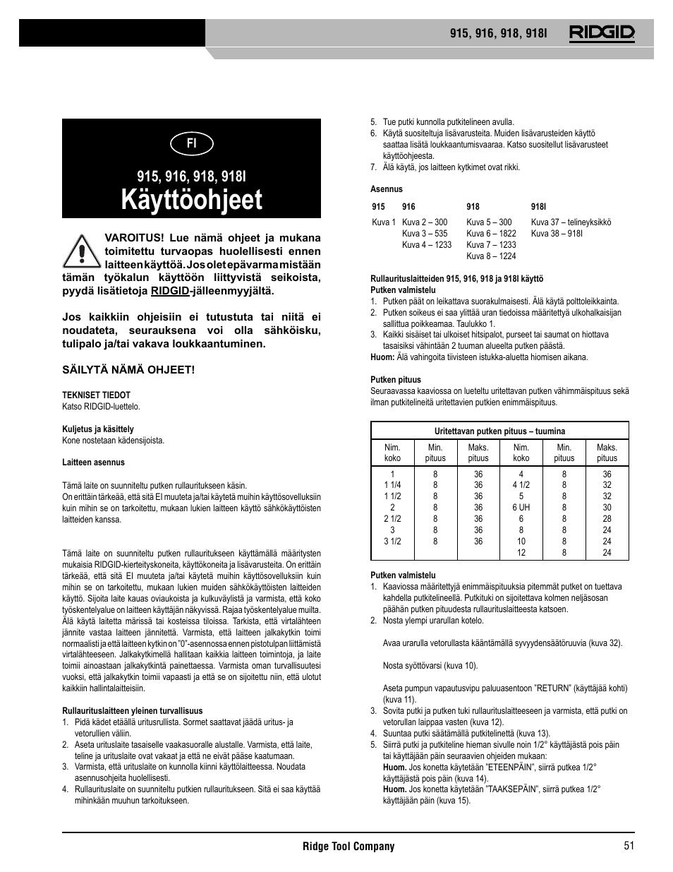 Käyttöohjeet | RIDGID 918I User Manual | Page 52 / 98