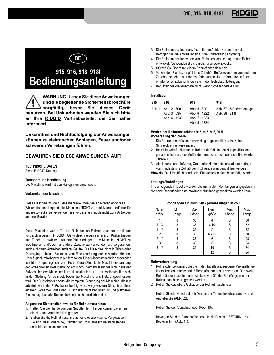 Bedienungsanleitung | RIDGID 918I User Manual | Page 6 / 98