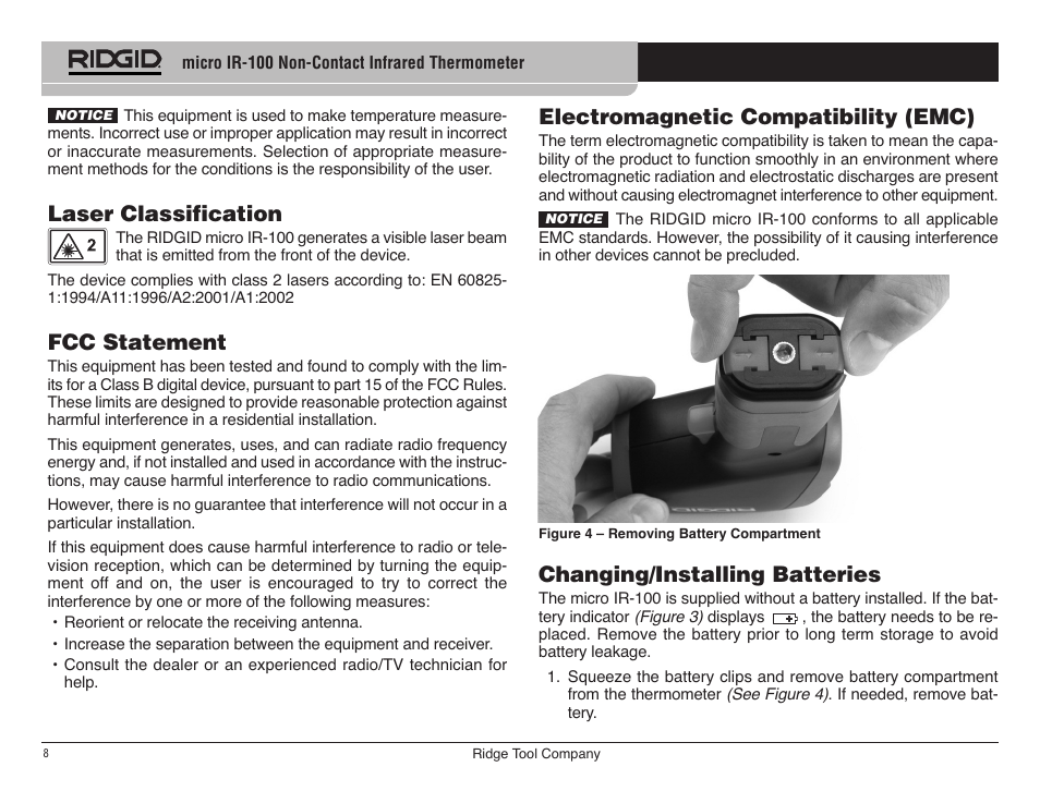 Electromagnetic compatibility (emc), Changing/installing batteries, Laser classification | Fcc statement | RIDGID micro IR-100 User Manual | Page 10 / 312