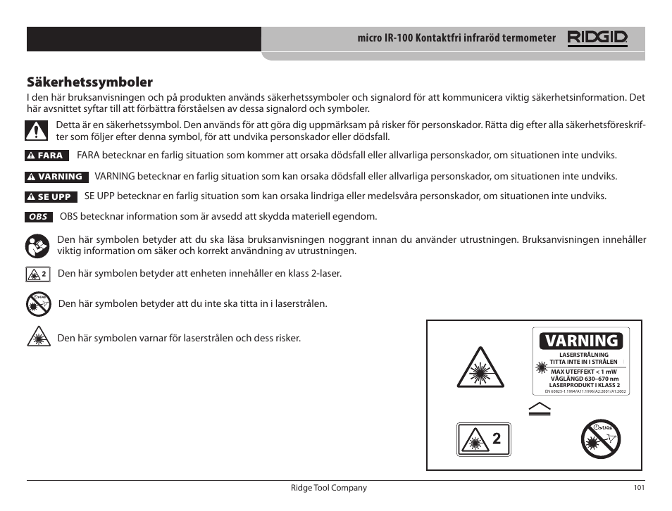 Varning, Säkerhetssymboler | RIDGID micro IR-100 User Manual | Page 103 / 312