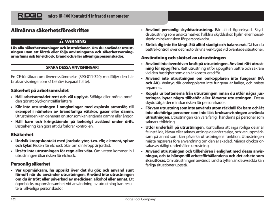 Allmänna säkerhetsföreskrifter | RIDGID micro IR-100 User Manual | Page 104 / 312