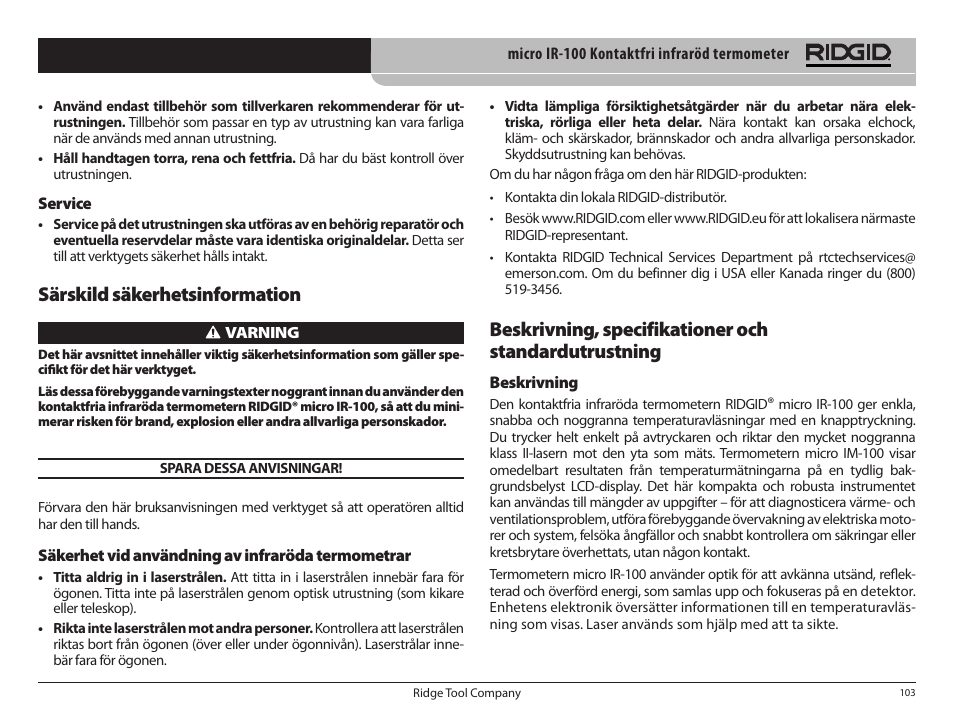 Särskild säkerhetsinformation | RIDGID micro IR-100 User Manual | Page 105 / 312