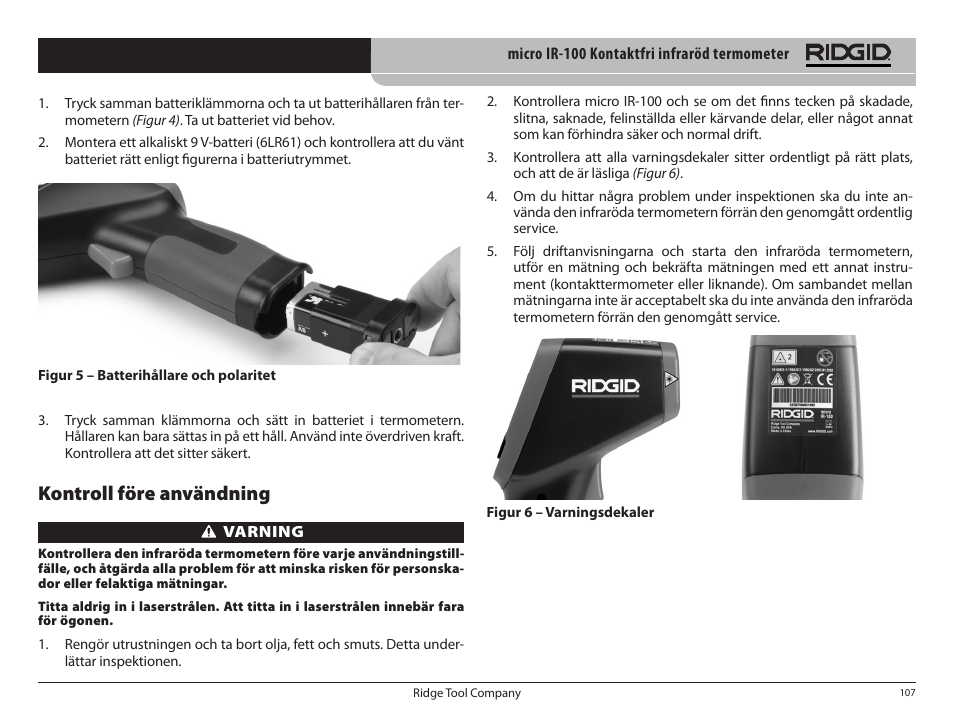 Kontroll före användning | RIDGID micro IR-100 User Manual | Page 109 / 312