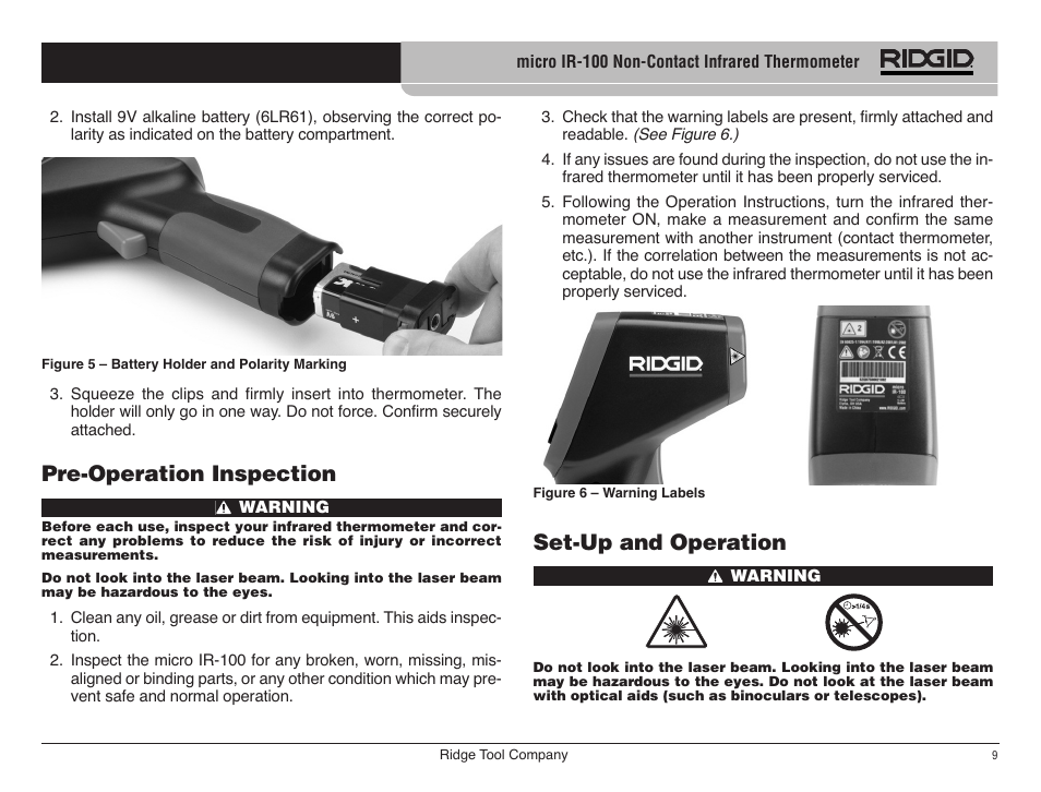Pre-operation inspection, Set-up and operation | RIDGID micro IR-100 User Manual | Page 11 / 312