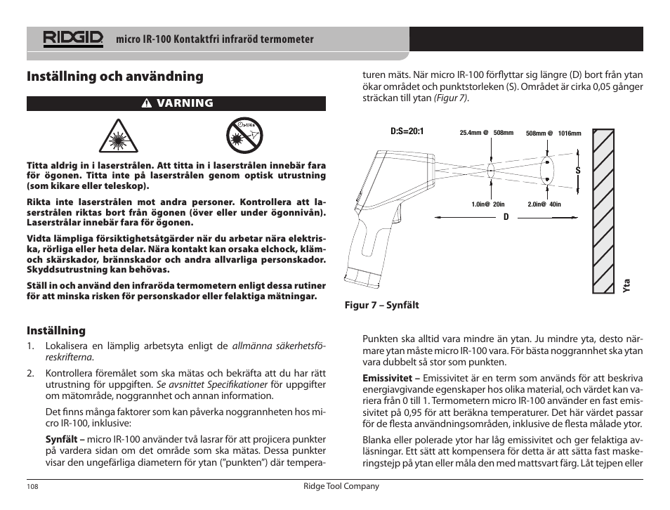 Inställning och användning | RIDGID micro IR-100 User Manual | Page 110 / 312